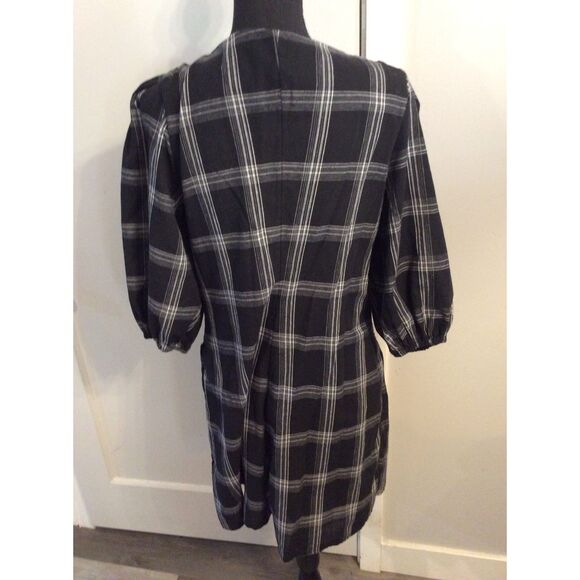Free People Size 12 V neck Dress 3/4 Sleeve black white Plaid VNC - Picture 4 of 6